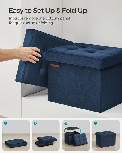 SONGMICS Small Folding Storage Ottoman, Foot Rest Stool, Cube Footrest, Synthetic Leather, 12.2 x 16.1 x 12.2 Inches, 286 lb Capacity, for Living Room, Bedroom, Dorm, Ink Black ULSF100B01