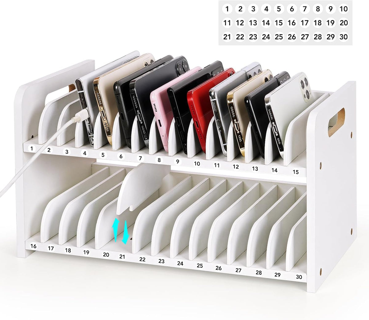30 Slots Wooden Classroom Cell Phone Holder Stand with 1-30 Number Stickers