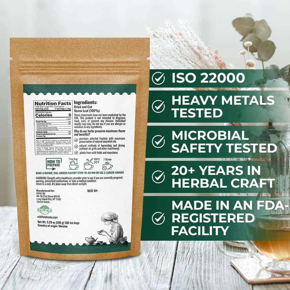 100 Bags Senna Leaf Senna Leaves Tea Herbal Tea (Senna Alexandrina) - 100 Count 1.5g Bags Hoja De Sen Hojas De Sen Para Te