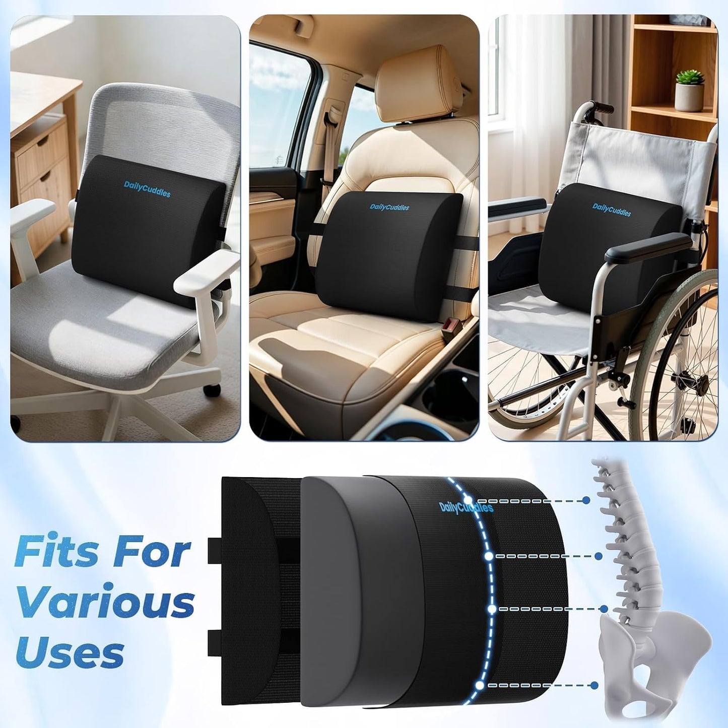 Lumbar Support Pillow for Office Chair Back Support - Memory Foam Lumbar Pillow for Car or Gaming Chair, Ergonomic Back Cushion with Adjustable Strap for Long-Hour Sitting (Black)
