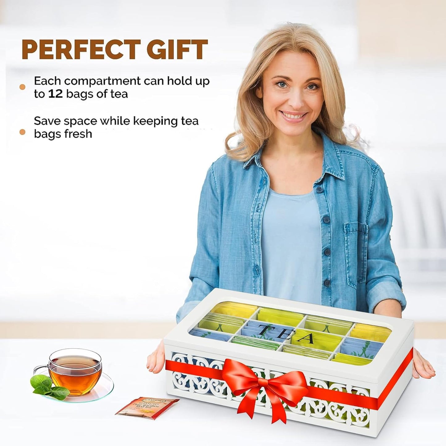 Tea Box,Wood Tea Organizer and Storage,12 Compartments Teas Bag Holder Organizer with Clear Window for Countertop Kitchen Cabinet Pantry (Smoky)