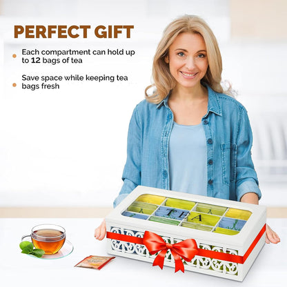 Tea Box,Wood Tea Organizer and Storage,12 Compartments Teas Bag Holder Organizer with Clear Window for Countertop Kitchen Cabinet Pantry (Smoky)