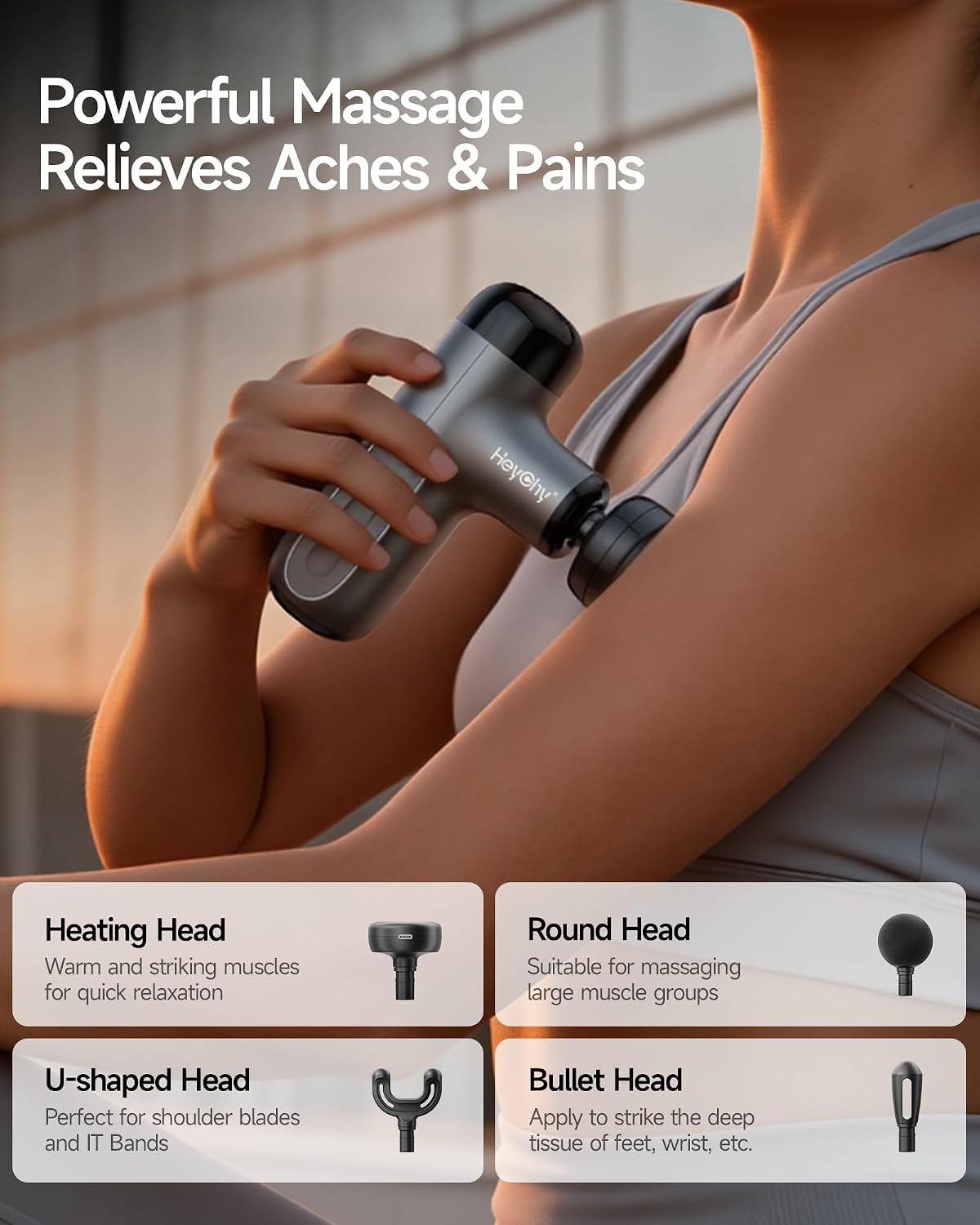 HEYCHY Mini Massage Gun Deep Tissue with Heat, FSA Eligible Massager Gun for Back Neck Relief, Portable Percussion Muscle Massager with 4 Massage Heads for Athletes, Men Women, HSA Eligible