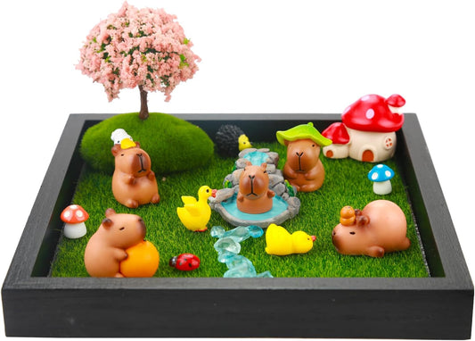Dreamgirnh 18Pcs Capybara Fairy Zen Mini Garden Kit, 7In Wood Tray Desk Decor