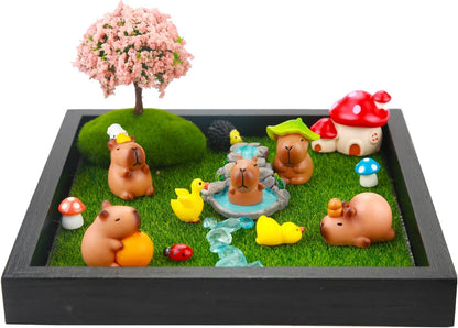 Dreamgirnh 18Pcs Capybara Fairy Zen Mini Garden Kit, 7In Wood Tray Desk Decor