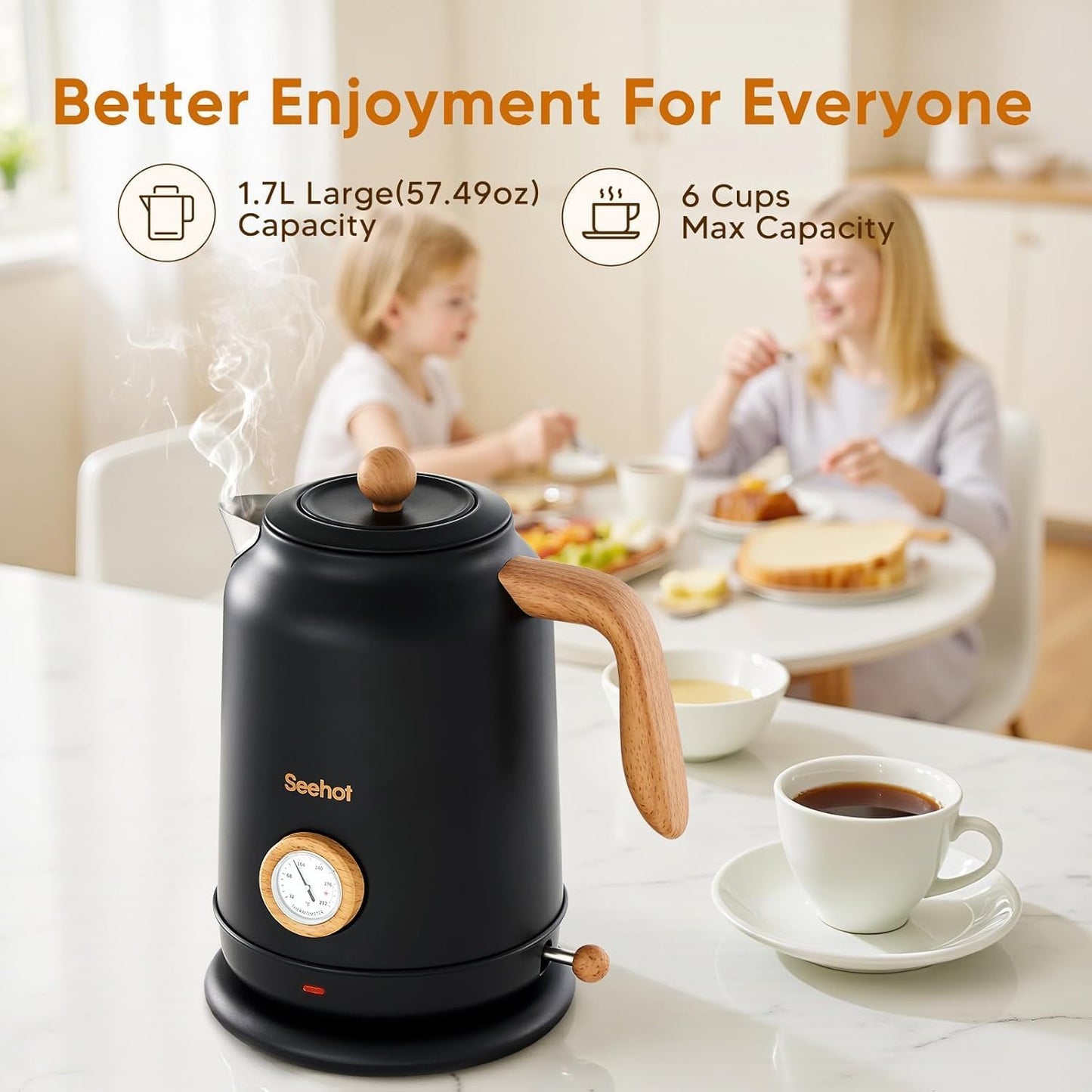 Seehot® Electric Kettle With Thermometer, 1.7L Electric Tea Kettle, 1200W Hot Water Kettle Electric, Auto Shutoff, Boil-Dry Protection, 304 Stainless Steel, Cordless Base, Black
