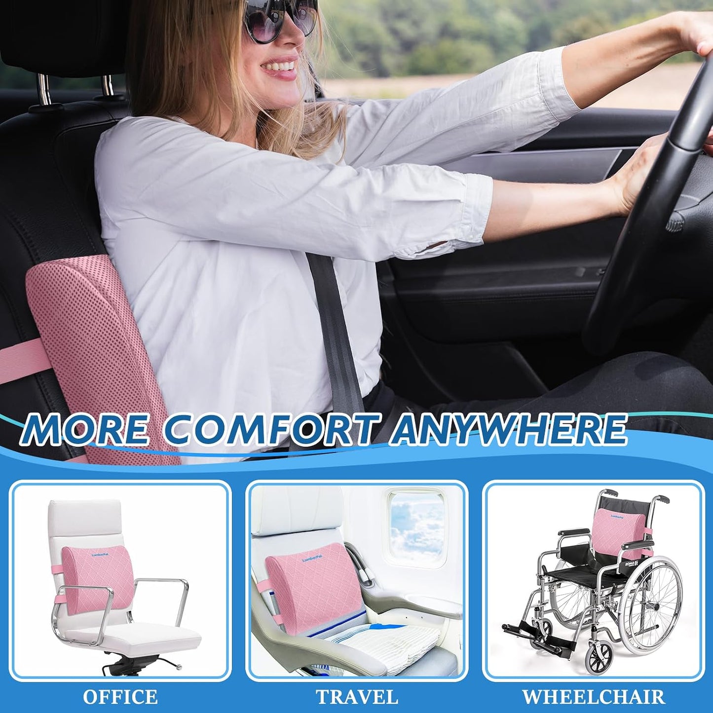 Lumbar Support Pillow for Office Chair Back Support Lumbar Pillow for Car, Gaming, Office Chair - Improve Sitting Posture & Back Pain Relief, Memory Foam, Adjustable Straps, Grey
