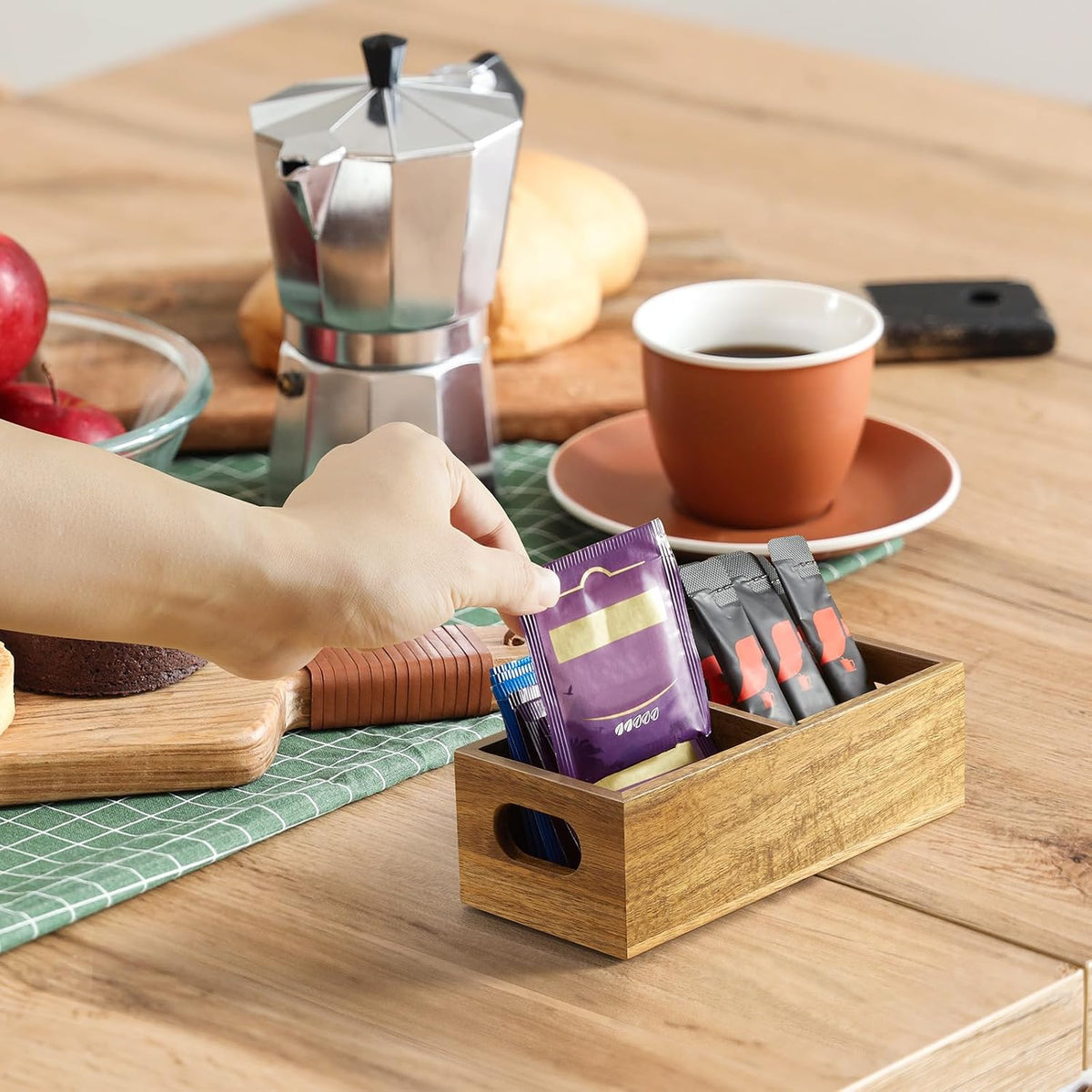 DRASTAR Tea Bag Organizer, Acacia Tea Bag Holder, Tea Storage Containers with 3 Slots, Wooden Tea Storage Accessories, Mini Tea Bag Caddy Box for Countertop