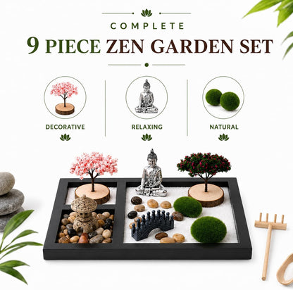 Zen Garden for Desk - Tabletop Sand Garden Kit - Mini Sand Tray Decor - Black Display Tray with Buddha Ornament, Pebbles and Moss Accents - Suitable for Office Desk Decoration and Home Decor