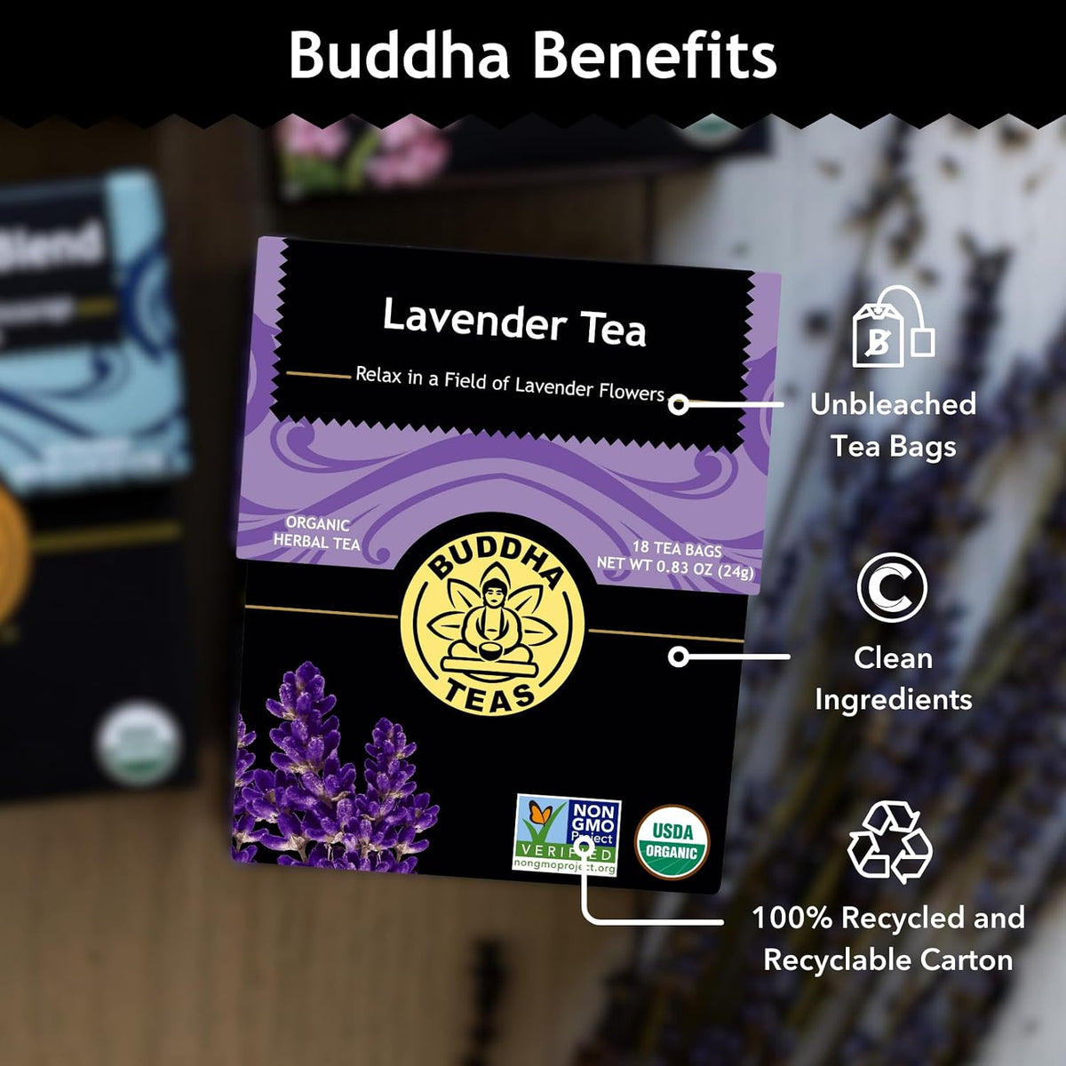 Buddha Teas Organic Lavender Tea - Herbal Tea, Microplastic & Caffeine Free