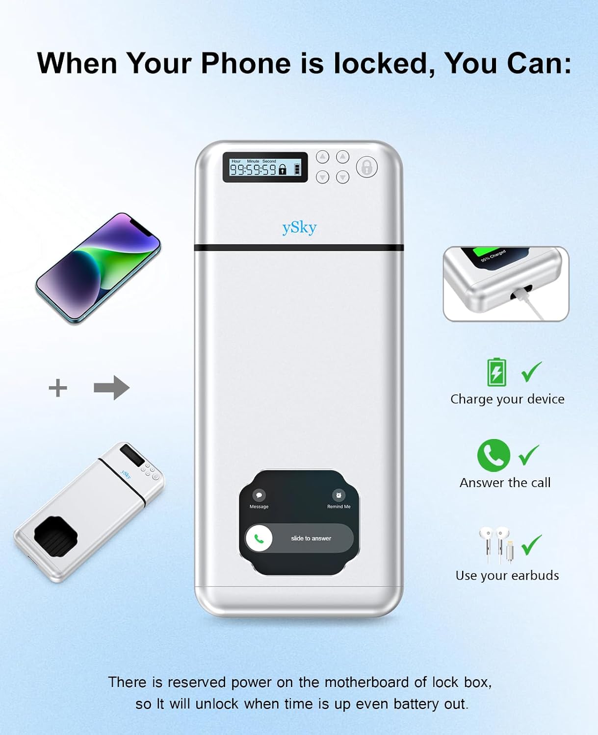 ySky Metal Phone Lock Box with Timer,Portable Timed Phone Lock Box for iPhone and Android Phones, Self-Control Timer Phone Locker to Help Kids,Students to Reduce Screen time,Phone Jail Box