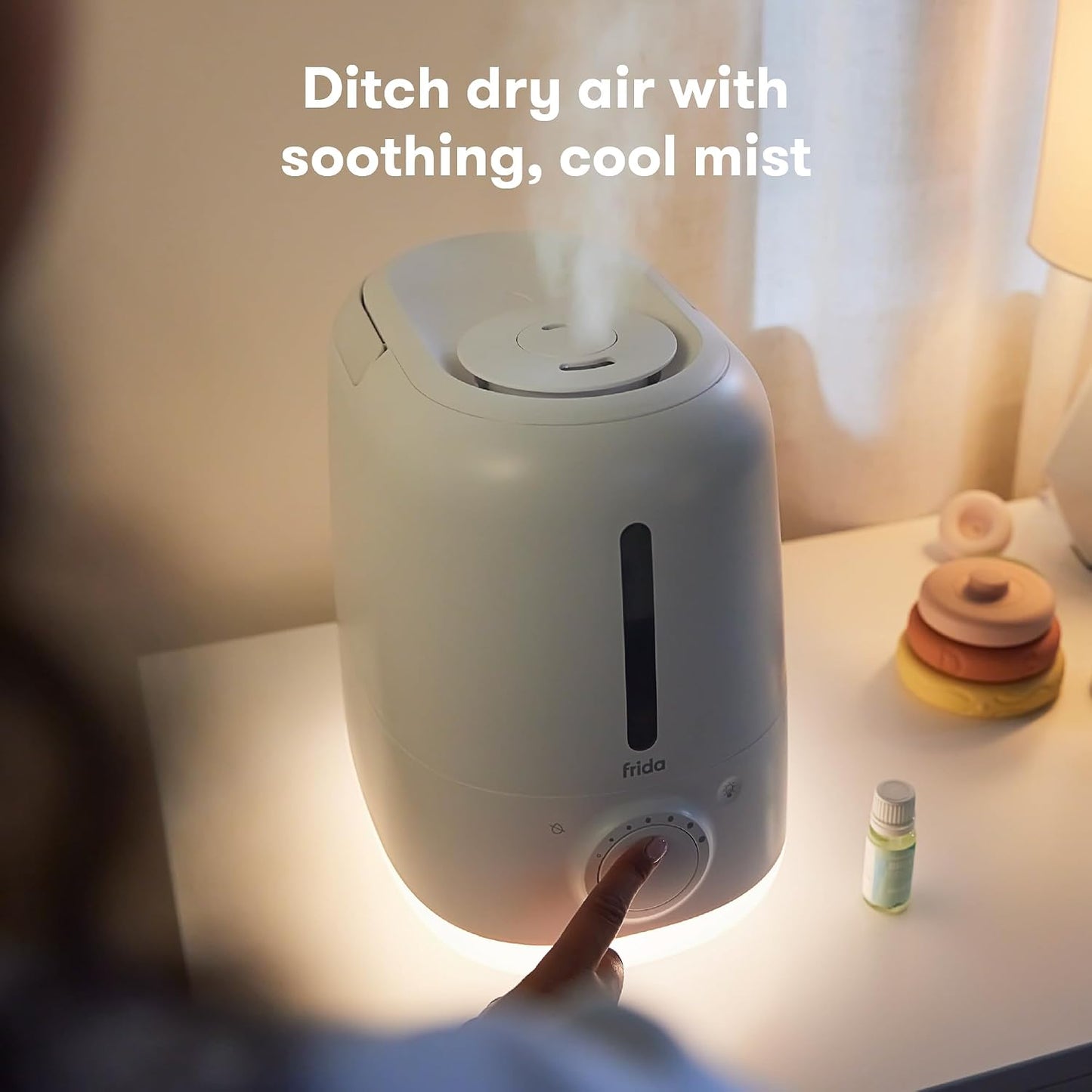 Frida Baby 3-in-1 Cool Mist Humidifier for Large Rooms, Top Fill Humidifier for Bedroom, Allergy Relief, 60 Hour Runtime + Nightlight, Auto Shut-Off, Quiet, Carry Handle, Essential Oil Diffuser