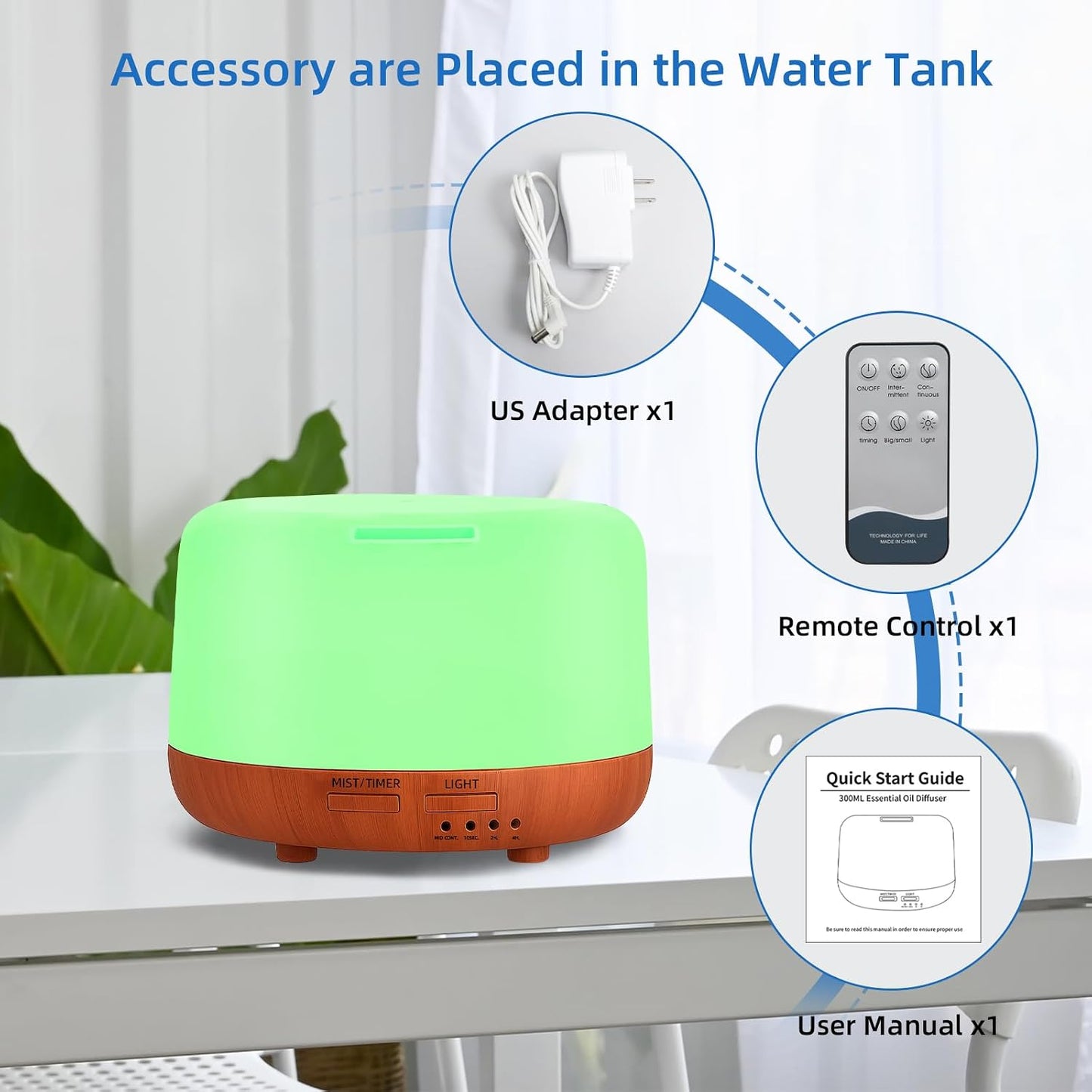 SPLITSKY Aromatherapy Essential Oil Home Diffuser with Remote Control, 300ML Large Room Cool Mist Air Humidifier, 8 Hours Quiet Operation, Timer, 7 Colors LED Night Night，Suitable Home,Yoga.
