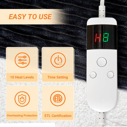 Heated Blanket Electric Throw, Soft Flannel Heating Blanket with 8 Hours Auto Off 10 Fast Heating Levels Machine Washable Sherpa Heated Blanket with Overheating Protection