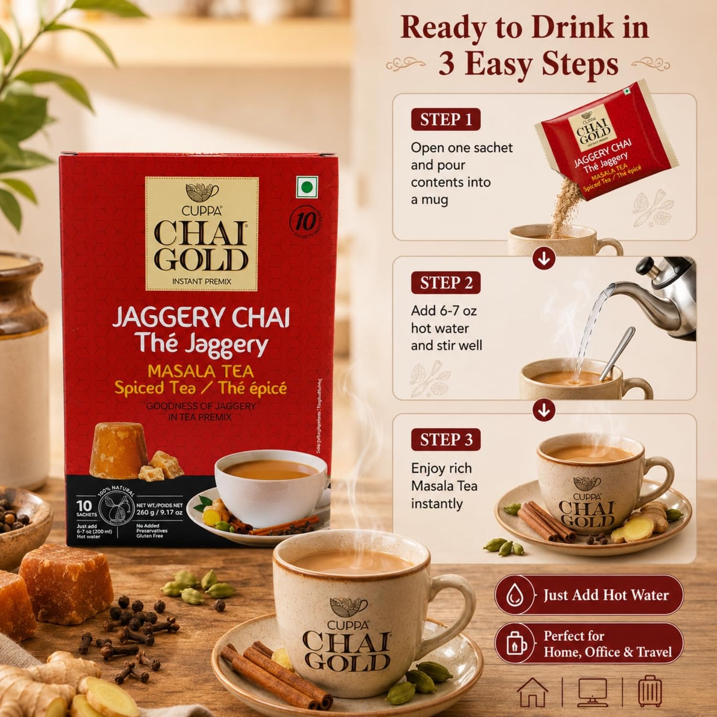 Chai Gold Instant Jaggery Chai Tea Premix Powder, Traditional Indian Milk Tea Latte Mix, Naturally Sweetened with Jaggery, Quick Preparation Hot Beverage, Low Caffeine, 10 count pack