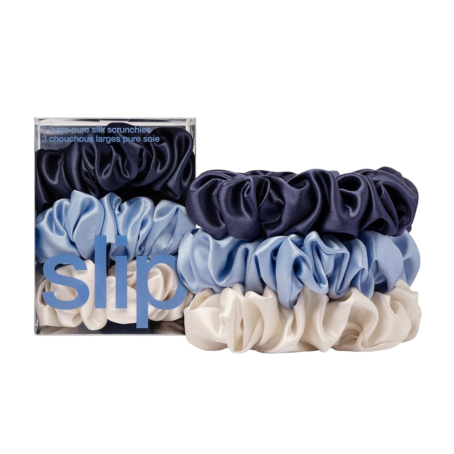 slip Large Scrunchie Multi | Set of 3 Pure Silk Large Scrunchies | Includes 1 Pink, 1 Caramel, 1 Black | 100% Mulberry Silk, Anti-Crease, Gentle on Hair, Reduces Breakage | Stylish & Durable
