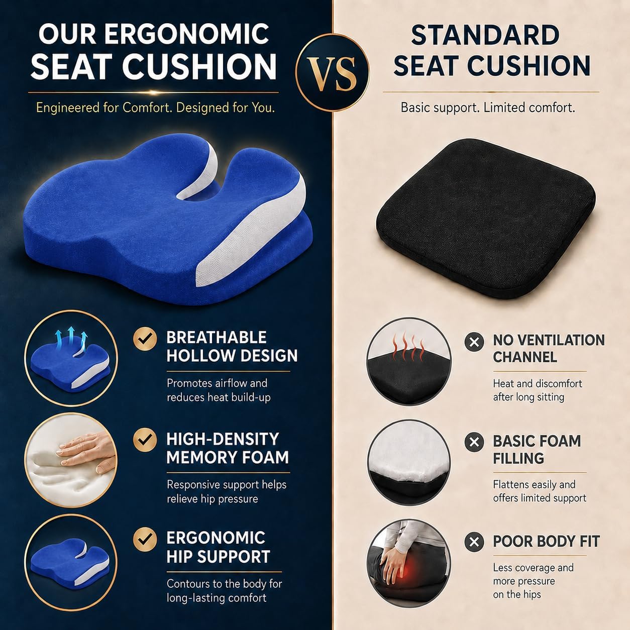 Seat Cushions for Office Chairs Wheelchair Cushion for Long Sitting Back Pain，Memory Foam Seat Car Computer Desk Chair Cushion，Coccyx Cushion for Tailbone Pain Relief Cushion Office Chair Black