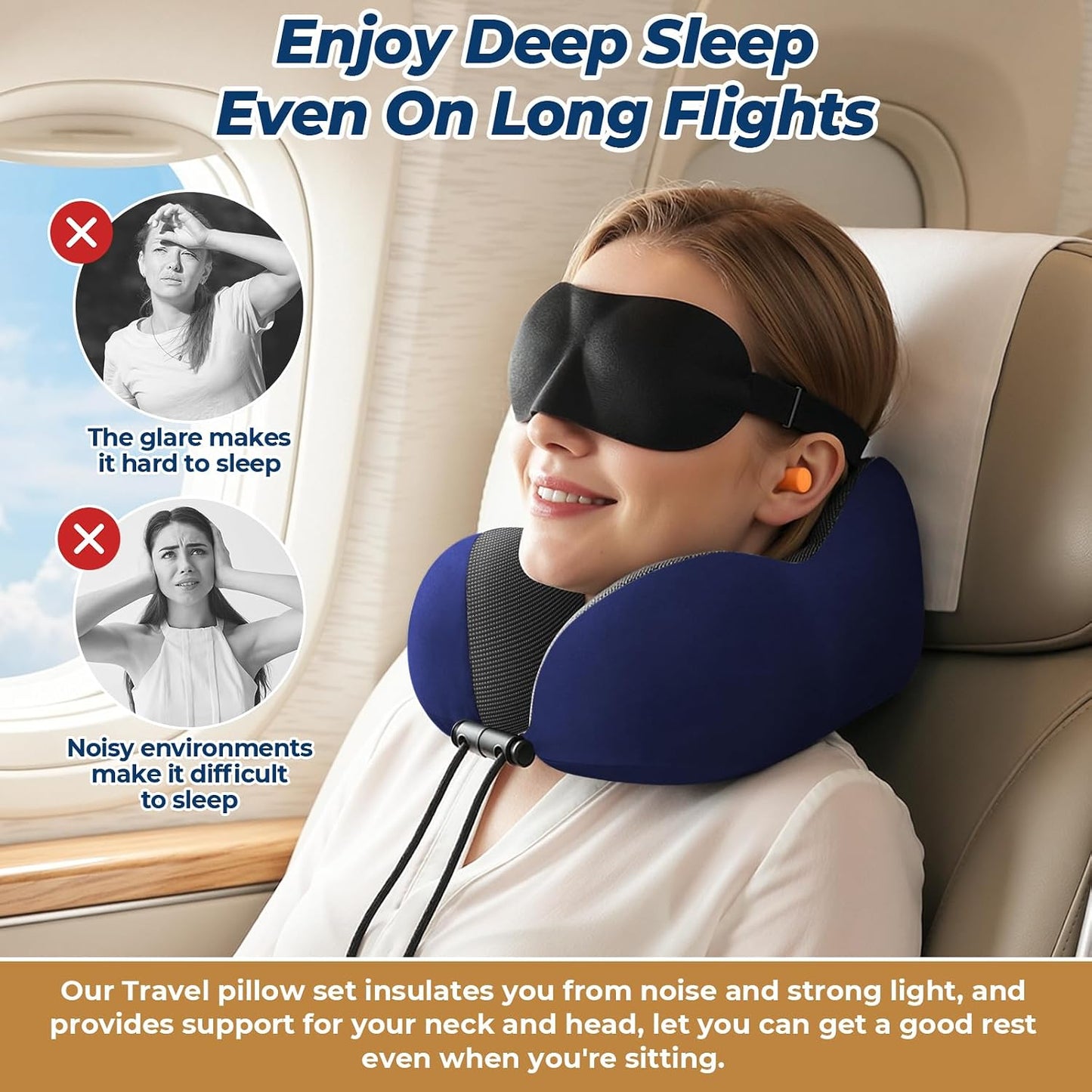 ExploreBliss Travel Pillow, Travel Pillows for Sleeping Airplane, Neck Pillow Airplane, Memory Foam Neck Pillow Set with Eye Mask, Earplugs and Storage Bag -Grey