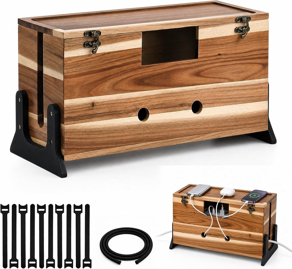 Extra Large Cable Management Box, 14.2-Inch Acacia Wood Cord Hider Box with Dual Locks and Magnetic Lid, Power Strip Cover and Cable Organizer for Desk, Floor, TV Wires and Home Office