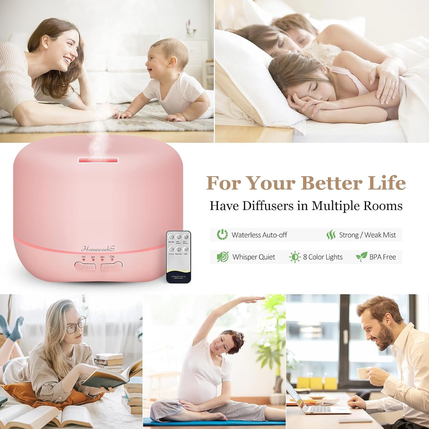 Homeweeks 300ml Essential Oil Diffuser, Quiet Aromatherapy Mist Diffusers for Essential Oils, Wood Grain, Ultrasonic, Remote Control, Timer, 7 Colors Light for Bedroom (300ml)