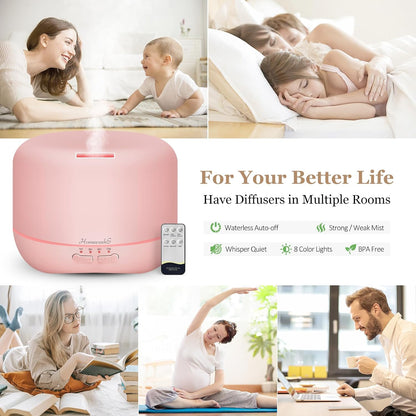 Homeweeks 300ml Essential Oil Diffuser, Quiet Aromatherapy Mist Diffusers for Essential Oils, Wood Grain, Ultrasonic, Remote Control, Timer, 7 Colors Light for Bedroom (300ml)