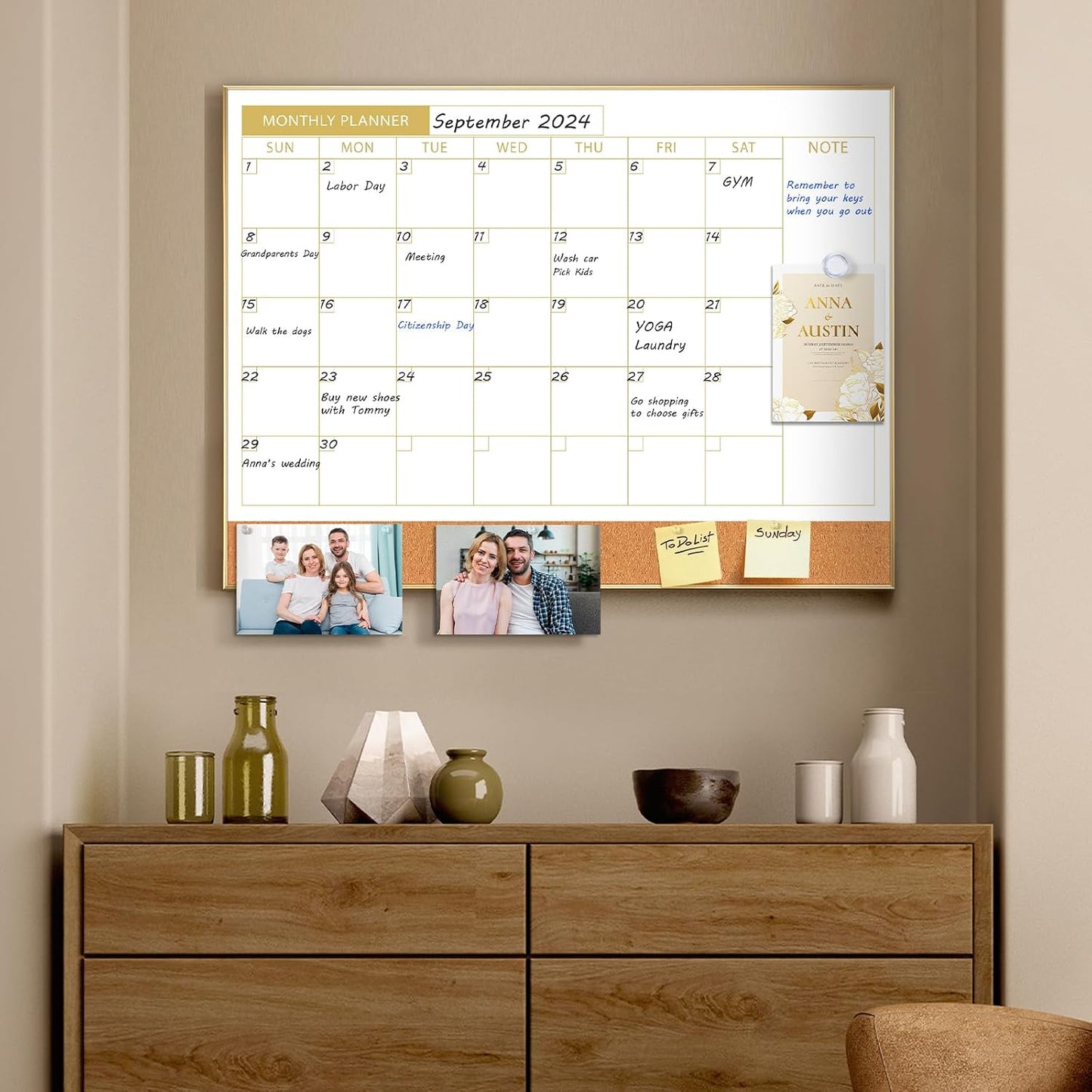 ARCOBIS Dry Erase Calendar with Cork Board for Wall, 24"x 18" Magnetic Calendar Whiteboard with Black Frame, Monthly Combination Board for School, Home, Office