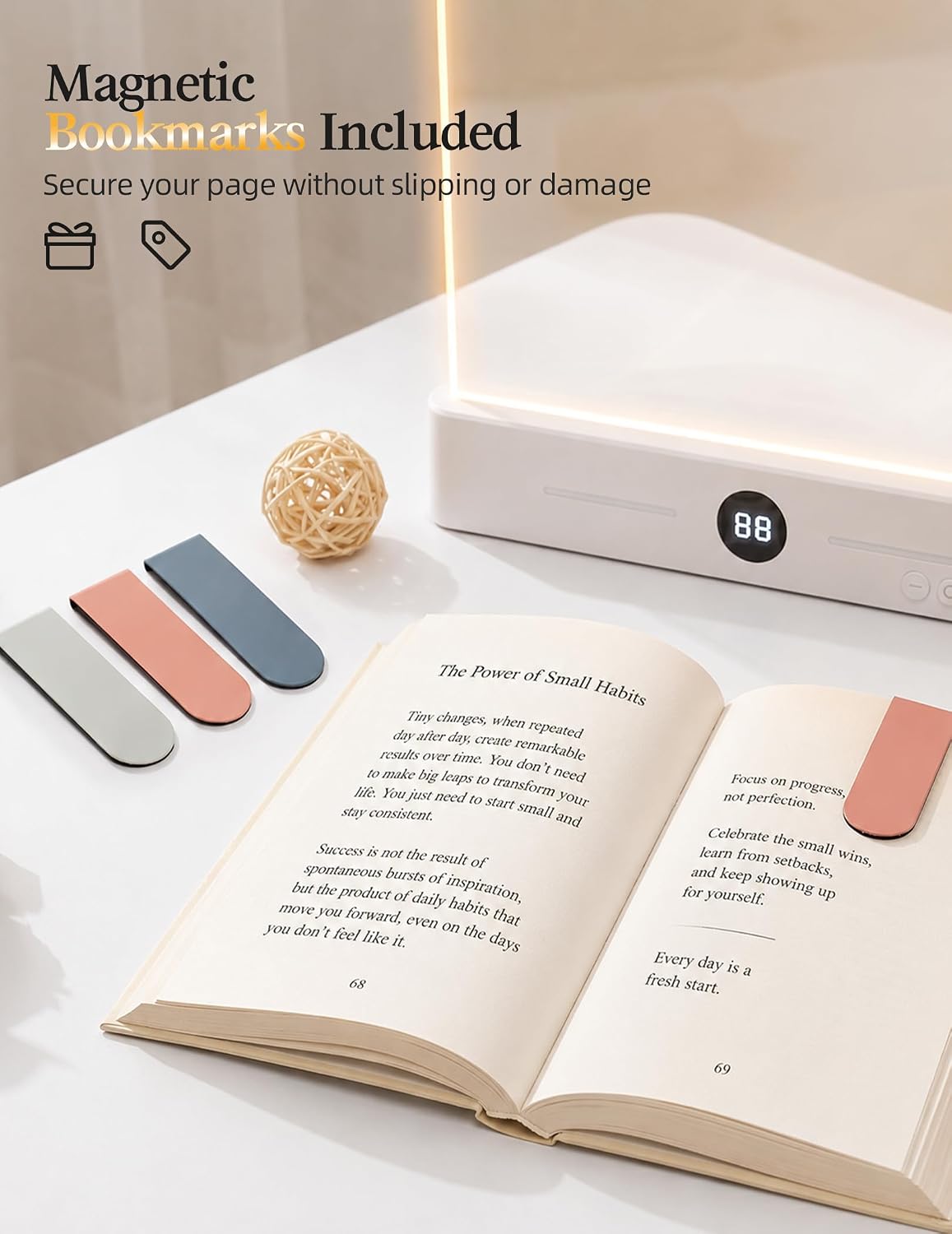 Book Page Light for Reading at Night, Flat Book Light with 3 Colors, Stepless Dimming, 1-99 Min Timer, 1200mAh Rechargeable Page Lamp with 8 Magnetic Bookmarks for Bedside Reading, Travel, Book Lovers