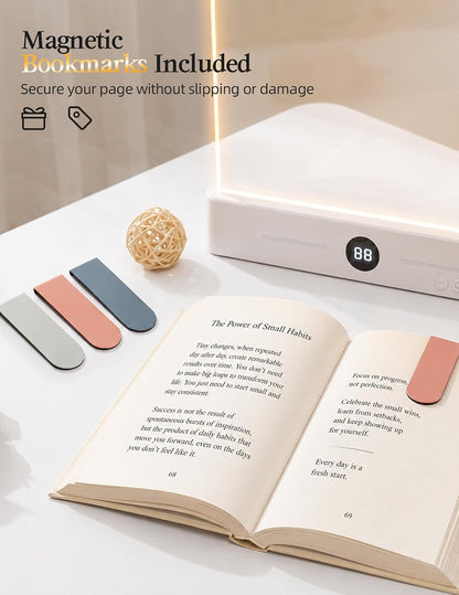 Book Page Light for Reading at Night, Flat Book Light with 3 Colors, Stepless Dimming, 1-99 Min Timer, 1200mAh Rechargeable Page Lamp with 8 Magnetic Bookmarks for Bedside Reading, Travel, Book Lovers