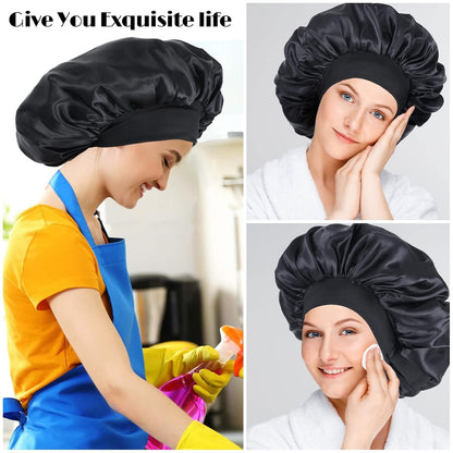 Silk Bonnet for Sleeping Double Layer Satin Bonnet Adjustable Bonnets for Black Women Sleep Cap Reversible Hair Bonnet for Curly Hair (Black and Purple)