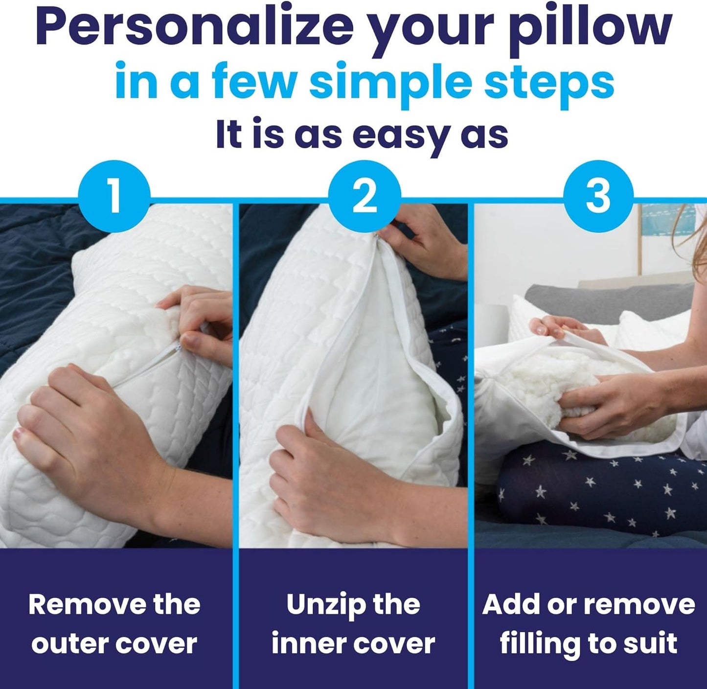 Sidney Sleep Adjustable Curved Pillows for Neck and Shoulder Support with Extra Shredded Fill - Cervical Contour Pillow for Side and Back Sleepers - Queen Size 19" x 29" CertiPUR-US Certified (White)