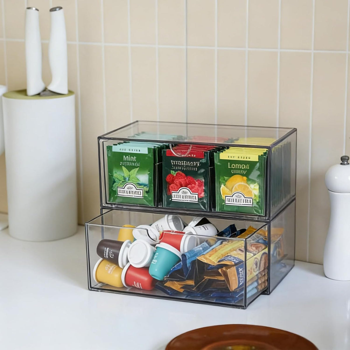 CLUQMEIK 2 Large Acrylic Tea Bag Organizer, 9 Grids Tea Organizers and Storage with Acrylic Drawers Stackable, Teabag Holder Organizer for Counter Countertop Kitchen Cabinet