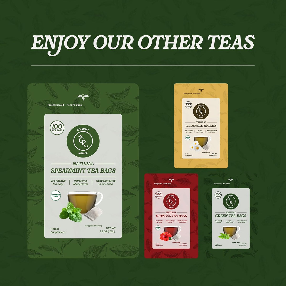 Gourmet Royale Spearmint Tea, 100 Count, Sustainable Tea Bags, Caffeine & Sugar Free, Resealable Pouch, Refreshing & Natural, Grown in Sri Lanka, (Pack of 1)