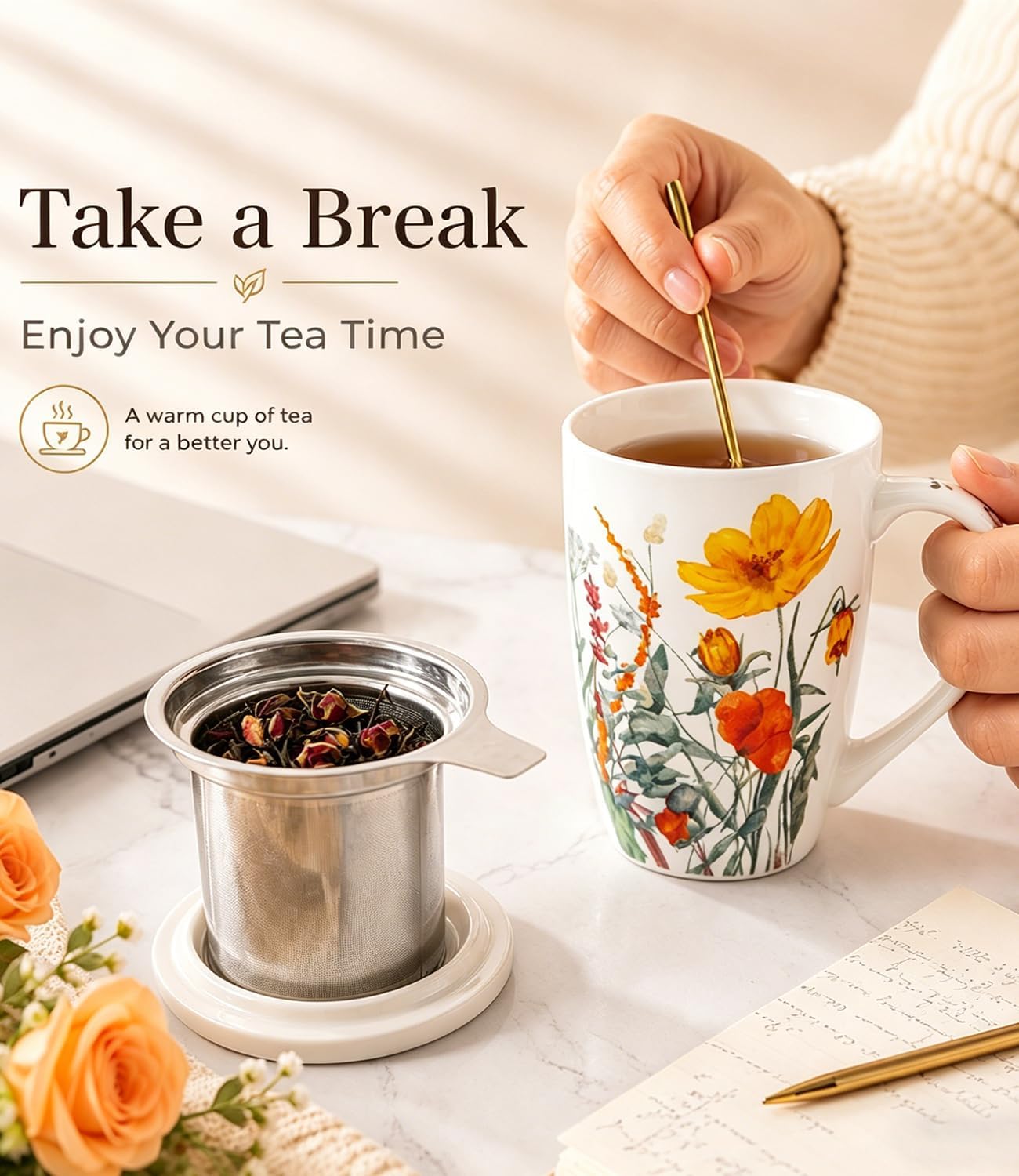 AmorArc 18oz Porcelain Tea Mug with Infuser & Lid, Loose Leaf Tea Cup with Stainless Steel Strainer, Large Coffee Mug Gift for Women, Tea Lovers, Home & Office