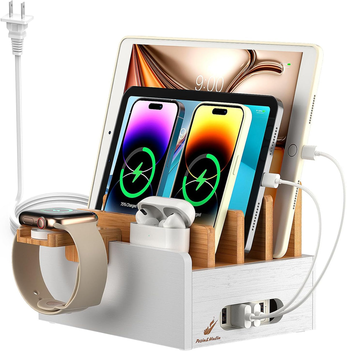 Pezin & Hulin Bamboo Charging Station with USB Charger,5Cables-Natural