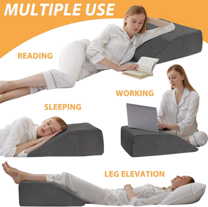 Bedluxe Leg Pillow Elevation Blood Circulation, Wedge Pillow for Legs Swelling, Leg Elevating Wedge Pillow for After Surgery, Foot Knee Pillow for Leg Rest, Sleeping, Memory Foam Top, 8in, White/Grey