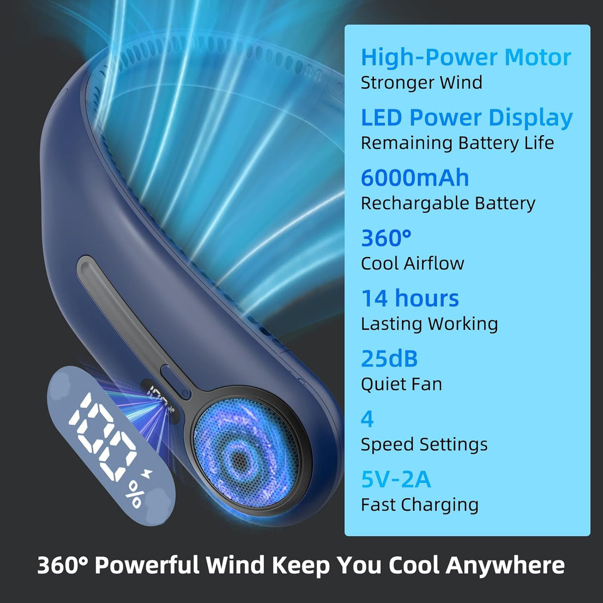 Portable Neck Fan, Personal Wearable Bladeless Fan, 6000mAh USB Rechargeable, 360° Airflow, LED Display, 4-Speeds, Hands Free Fan for Outdoor Indoor, Birthday Gifts for Men Women Dad Mom (Black)