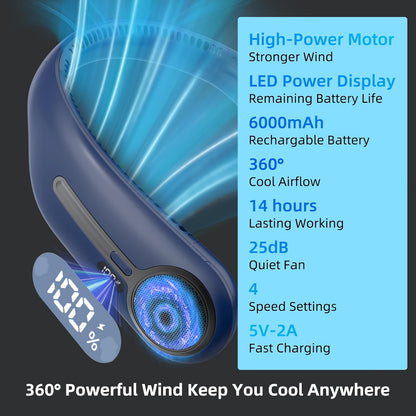 Portable Neck Fan, Personal Wearable Bladeless Fan, 6000mAh USB Rechargeable, 360° Airflow, LED Display, 4-Speeds, Hands Free Fan for Outdoor Indoor, Birthday Gifts for Men Women Dad Mom (Black)