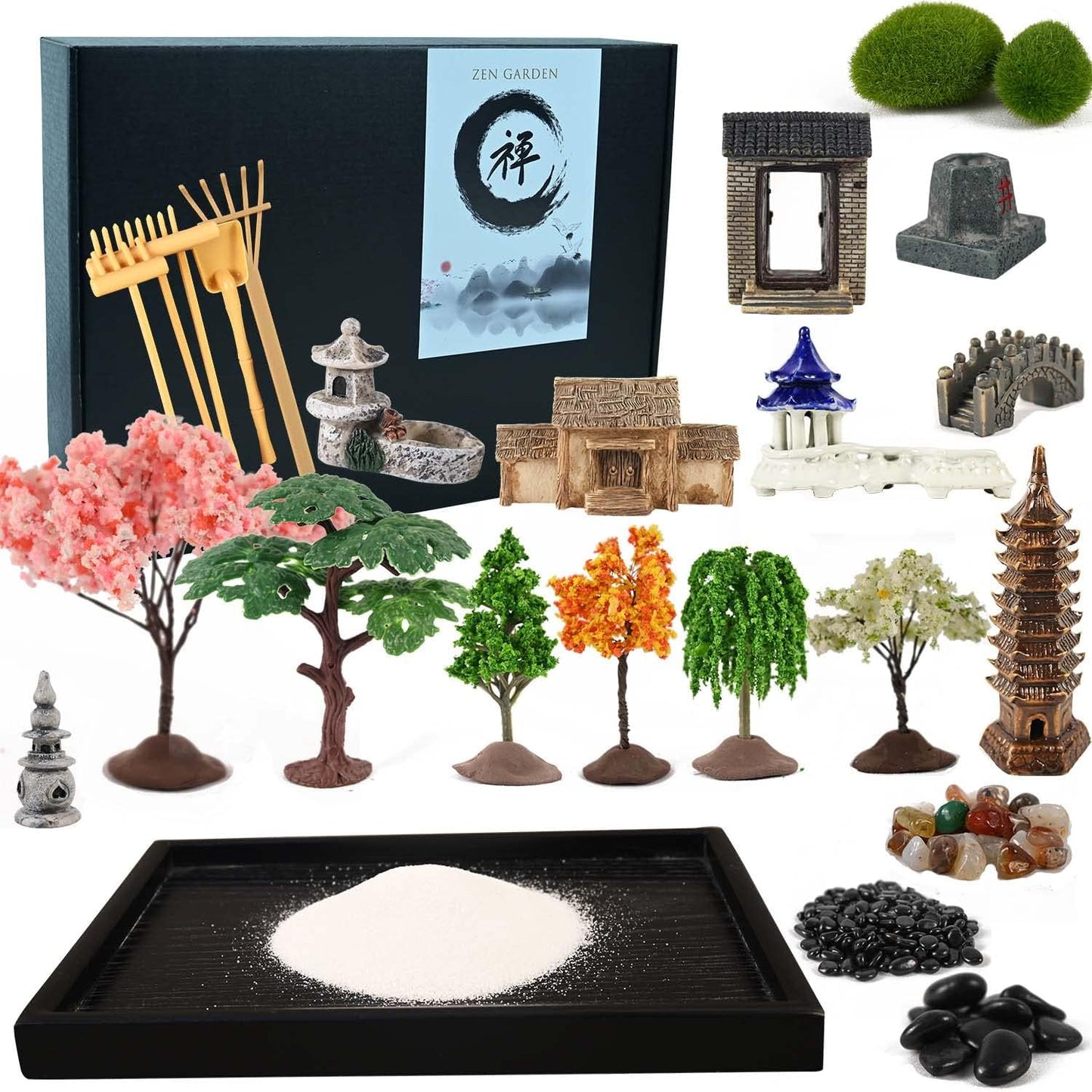 Mini Zen Garden, White Sand, 10" x 7" Rectangular Plastic Tray with Meditation Accessories