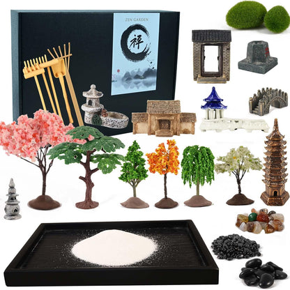 Mini Zen Garden, White Sand, 10" x 7" Rectangular Plastic Tray with Meditation Accessories