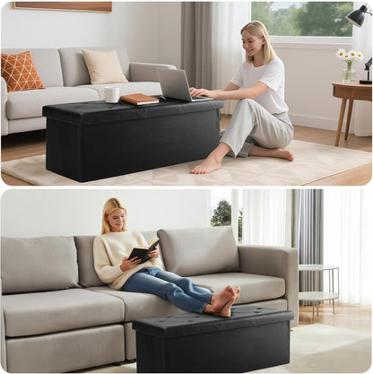 DUMOS 43 Inch Folding Storage Ottoman Bench, Large Hidden Storage Chest with Thicker Foam Padded Seat, End of Bed Foot Rest Stool for Bedroom Living Room Entryway, Load 660 lbs, Grey