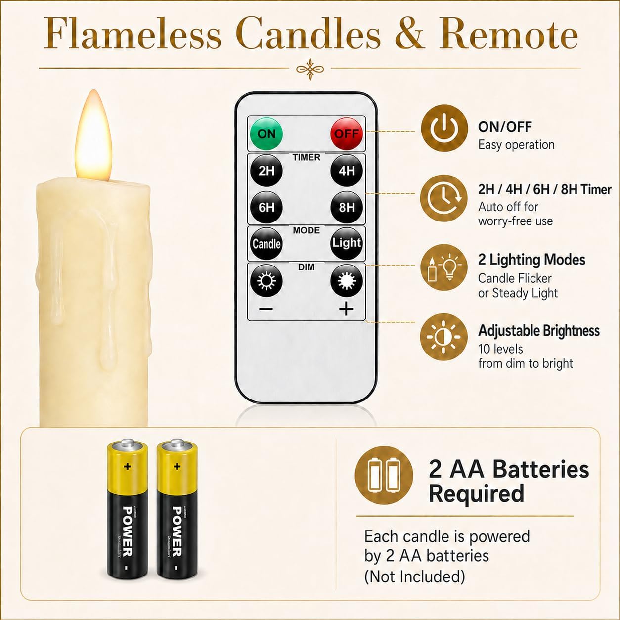 Candle Holder Set of 3, with 3 Flameless Candles & 1 Remote(Gold) | Taper Candle Holders, Metal Non Slip Stable Base, for Home Decor, Holiday Party, Pet & Kid Friendly