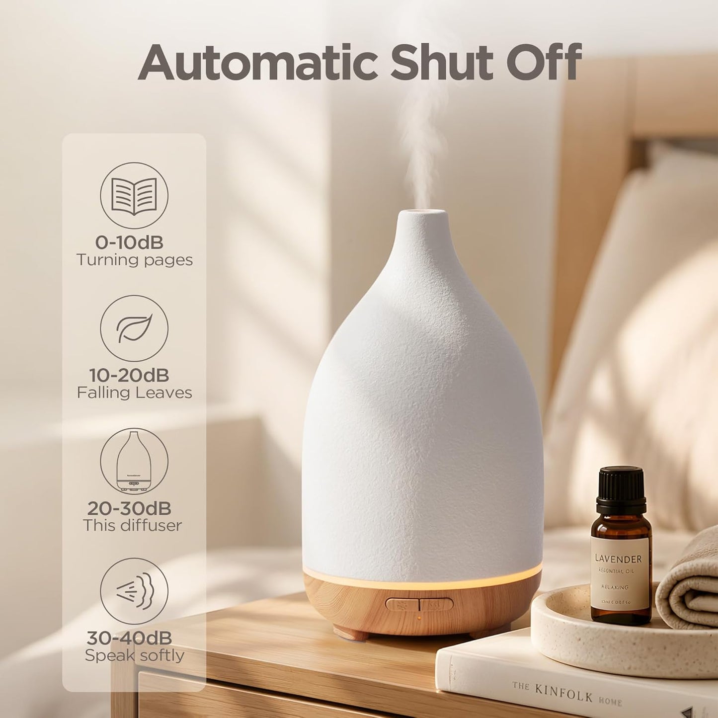 InnoGear Oil Diffuser, 300ML Ceramic Diffuser for Essential Oils Handcrafted Aromatherapy Diffuser Ultrasonic Cool Mist Humidifier with 4 Timers Waterless Auto Off for Room Office, White