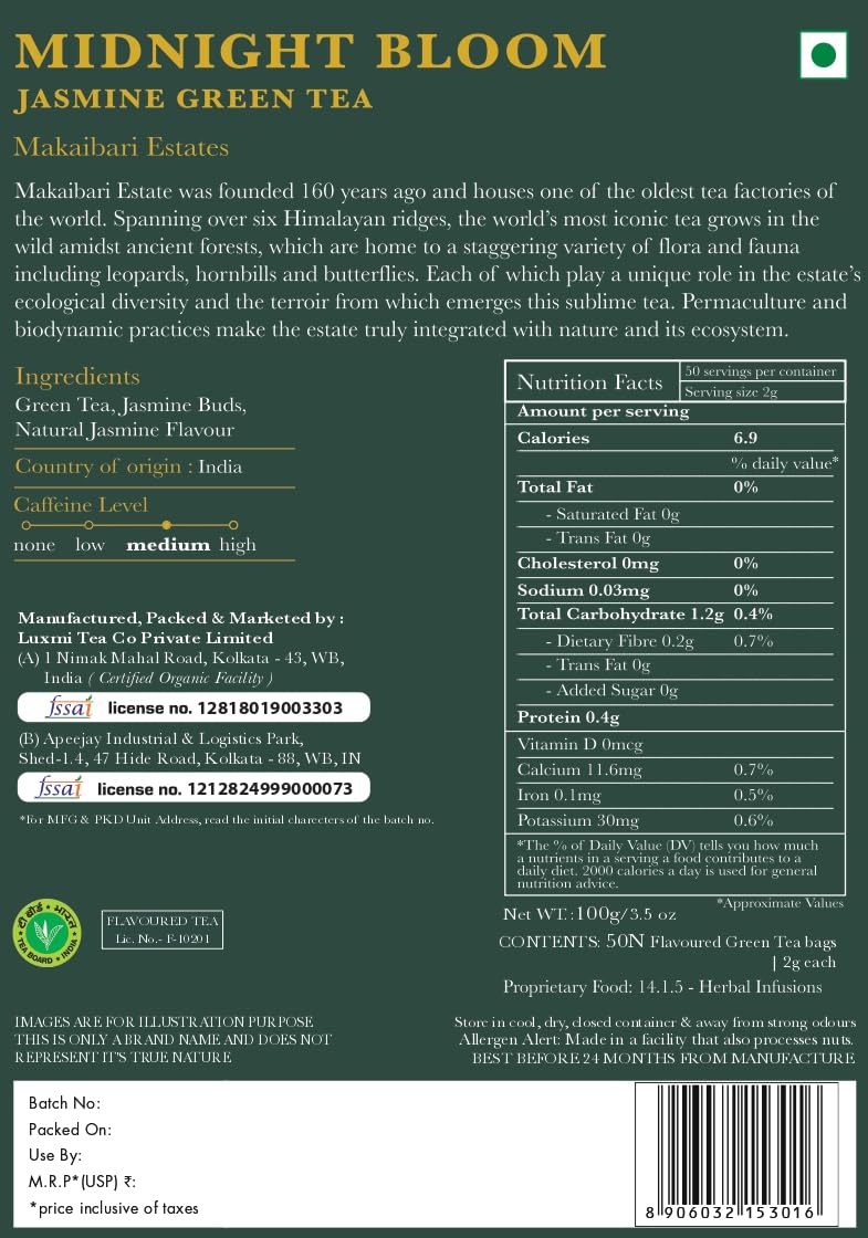 Luxmi Estates Midnight Bloom Jasmine Darjeeling Green Tea | 50 Biodegradable Teabags (50 cups)