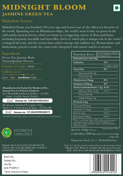 Luxmi Estates Midnight Bloom Jasmine Darjeeling Green Tea | 50 Biodegradable Teabags (50 cups)