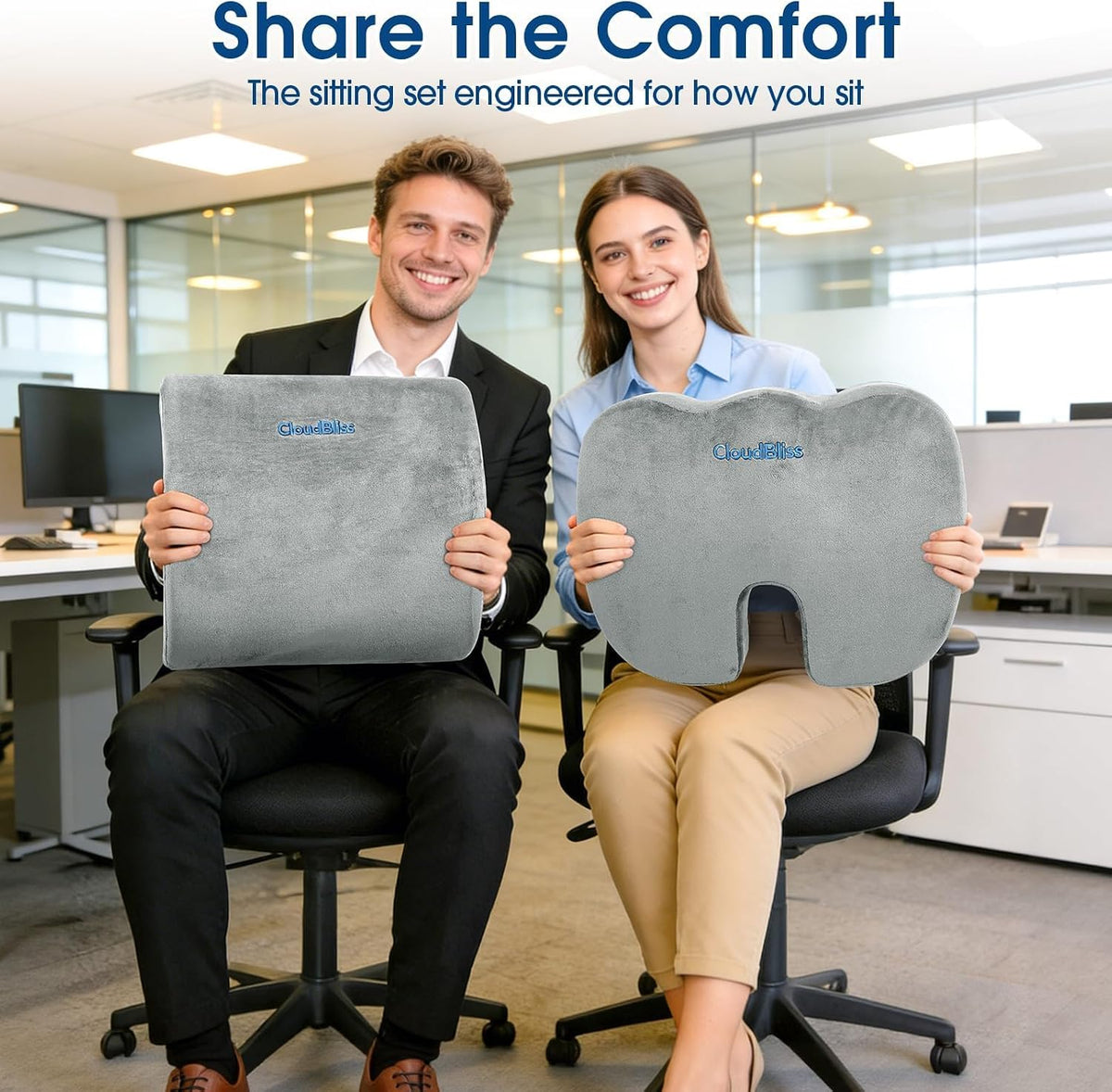 CloudBliss Ergonomic Seat Cushion & Lumbar Support Pillow Set, Black,Large