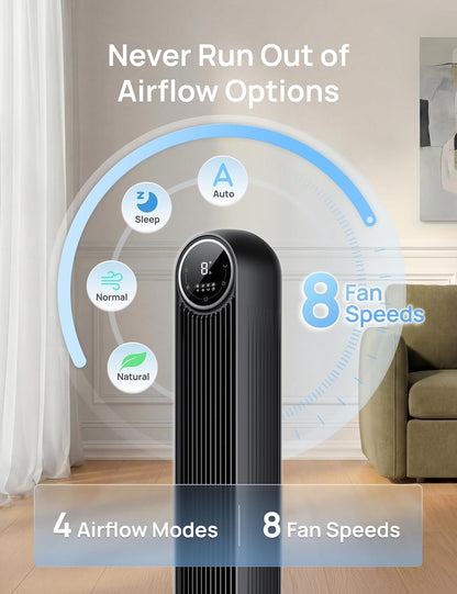 DREO Tower Fan for Bedroom, 2026 Upgraded DC Motor, 28ft/s Smart Standing Fans, 90° Oscillating Floor Fan with 20dB Ultra Quiet, 8 Speeds 4 Modes, 8H Timer, Bladeless, Remote, WiFi Voice Control