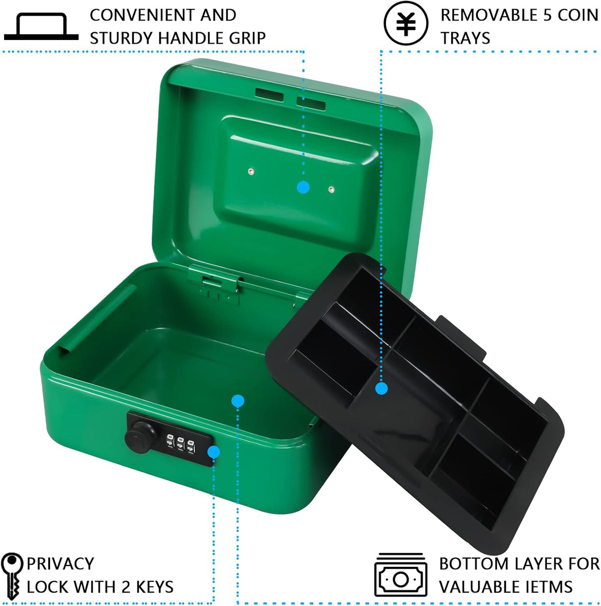 KYODOLED Small Cash Box with Combination Lock & Removable Money Tray, Black