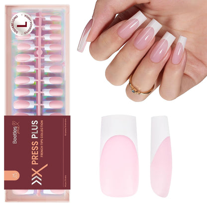 Beetles Press On Nail Kit-Short Square French Tip Press On Nails, 150Pcs Pink French Nail Tips with Nail Glue & Remover Builder Top Coat Nail Lamp, All-in-One DIY Fake Nails Gift for Women