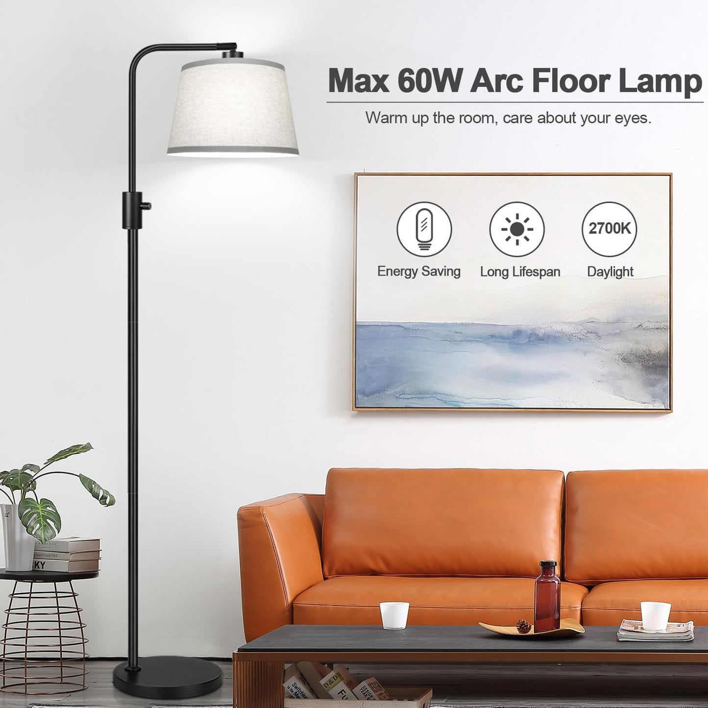 【Upgraded】 Dimmable Floor Lamp, 1000 Lumens LED Edison Bulb Included, Arc Floor Lamps for Living Room Modern Standing Lamp with Linen Shade, Tall Lamp for Bedroom Office Dining Room- Black