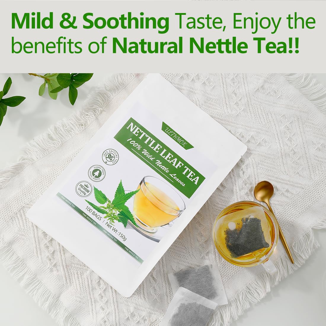 Premium 100 Stinging Nettle Leaf Tea Bags, Made with 100% Wild Nettle Leaves，No Additive & Caffeine Free.
